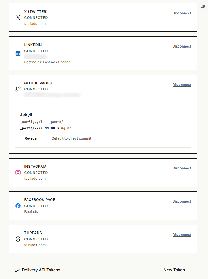 PersonnaPress Connections screen showing active platform connections to WordPress, Webflow, LinkedIn, and X