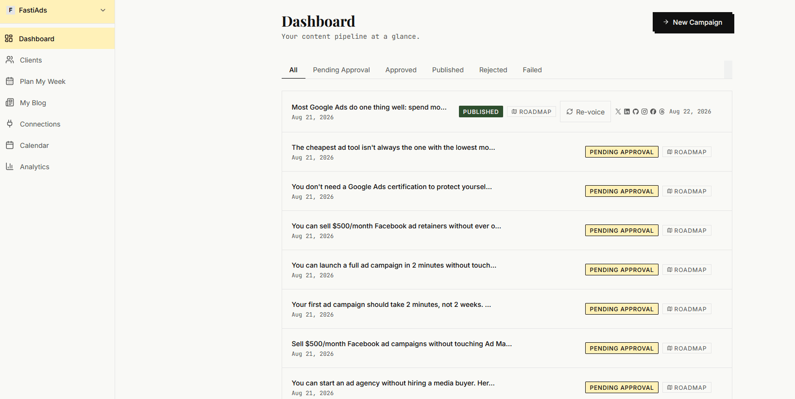 PersonnaPress dashboard showing an active content campaign with brand voice settings and platform connections