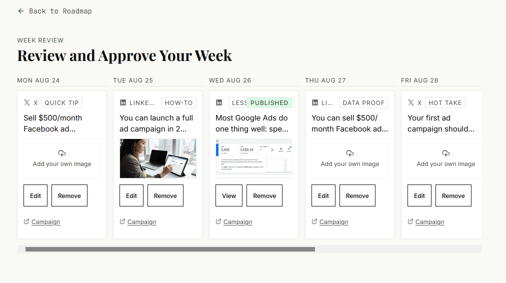 PersonnaPress Plan My Week interface showing a full week of content scheduled across blog and social platforms