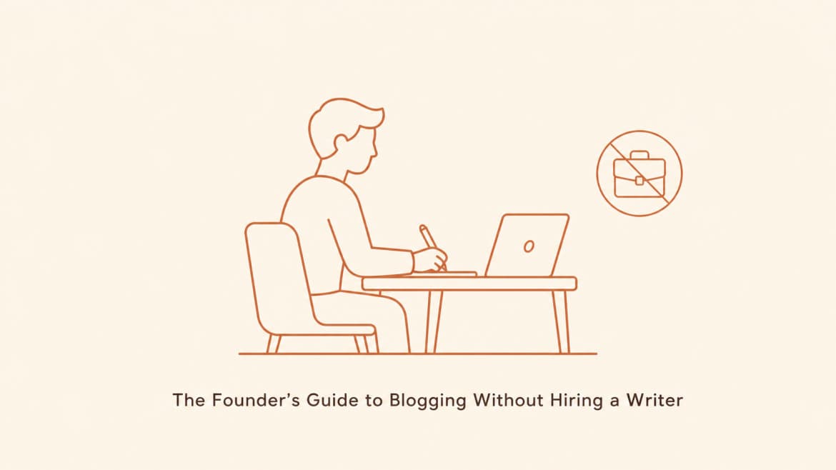 Infographic titled 'The Founder's Guide to Blogging Without Hiring a Writer' outlining platforms, efficiency hacks, content strategy, and distribution tips for entrepreneurs