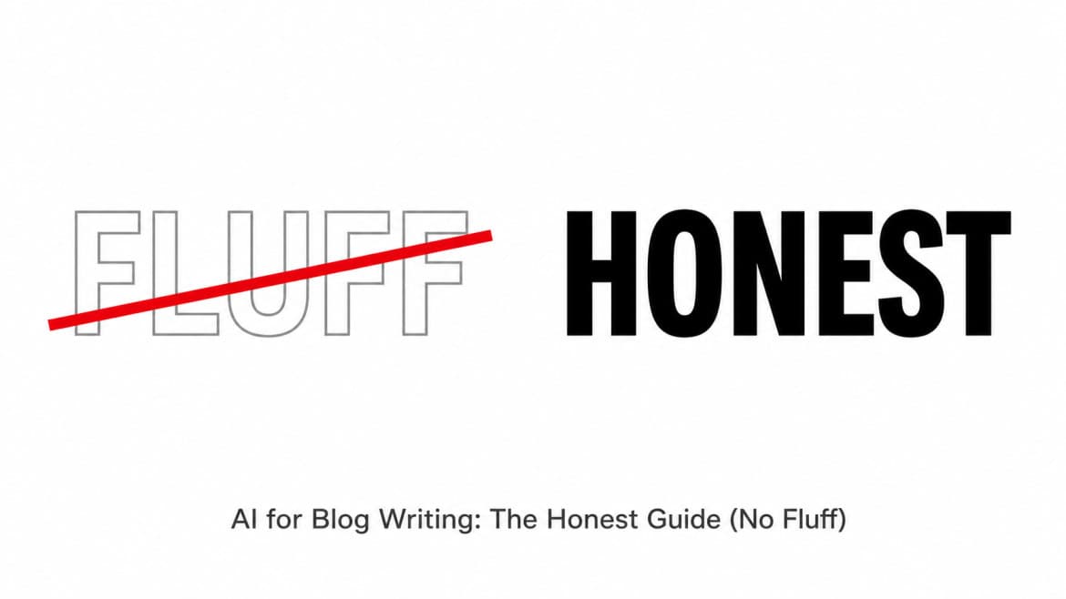 Honest AI blog writing concept with fluff crossed out and honesty emphasized in bold minimalist typography