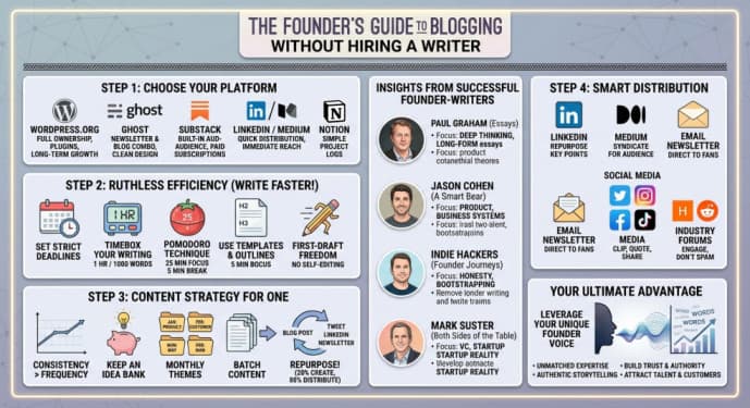 Infographic titled 'The Founder's Guide to Blogging Without Hiring a Writer' outlining platforms, efficiency hacks, content strategy, and distribution tips for entrepreneurs